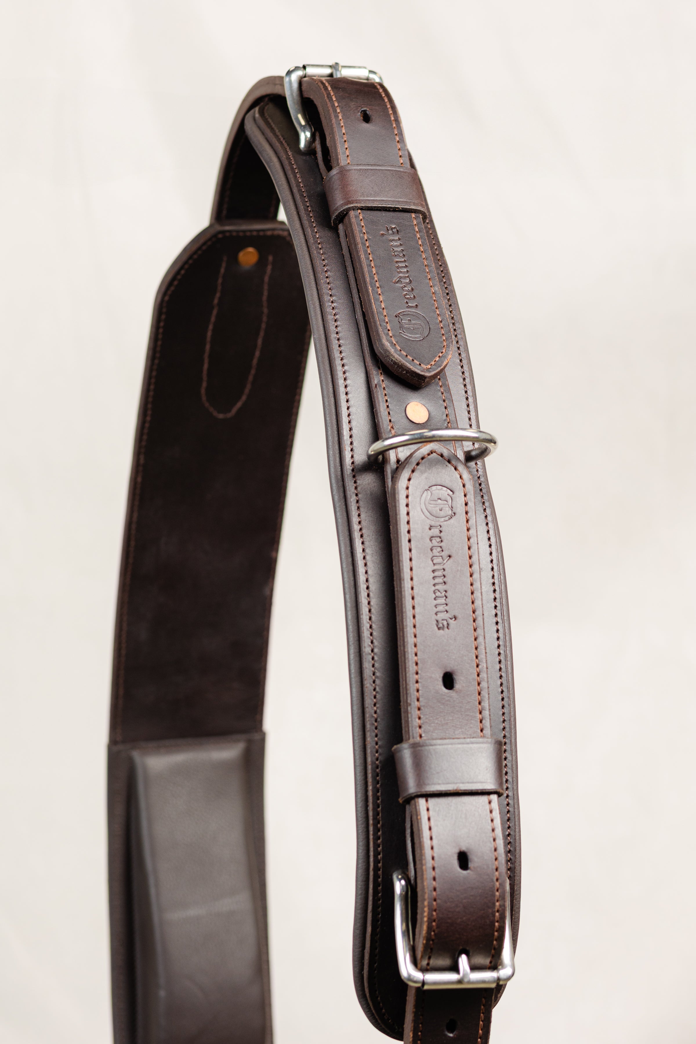 ACTraining Jog Pad with Belly Band, Brown Leather, Close-up of Belly Band with Freedman's Logo, Buckles and Stitching Detail