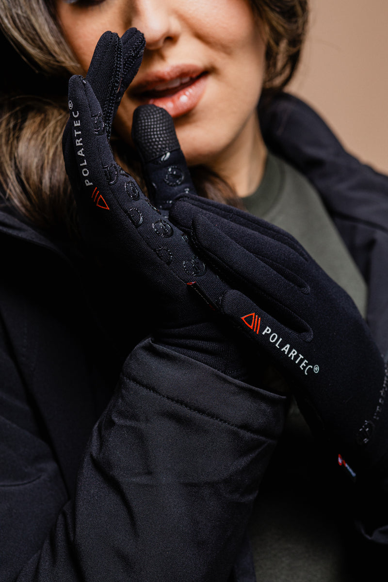 Black Ladies' Winter Gloves made with Polartec fabric, shown on hands