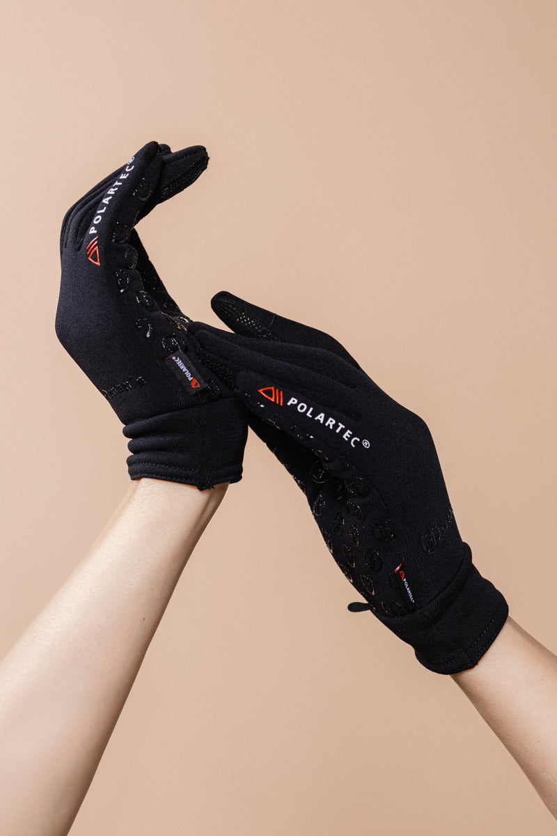 Black Ladies' Winter Gloves made with Polartec fabric, shown on hands