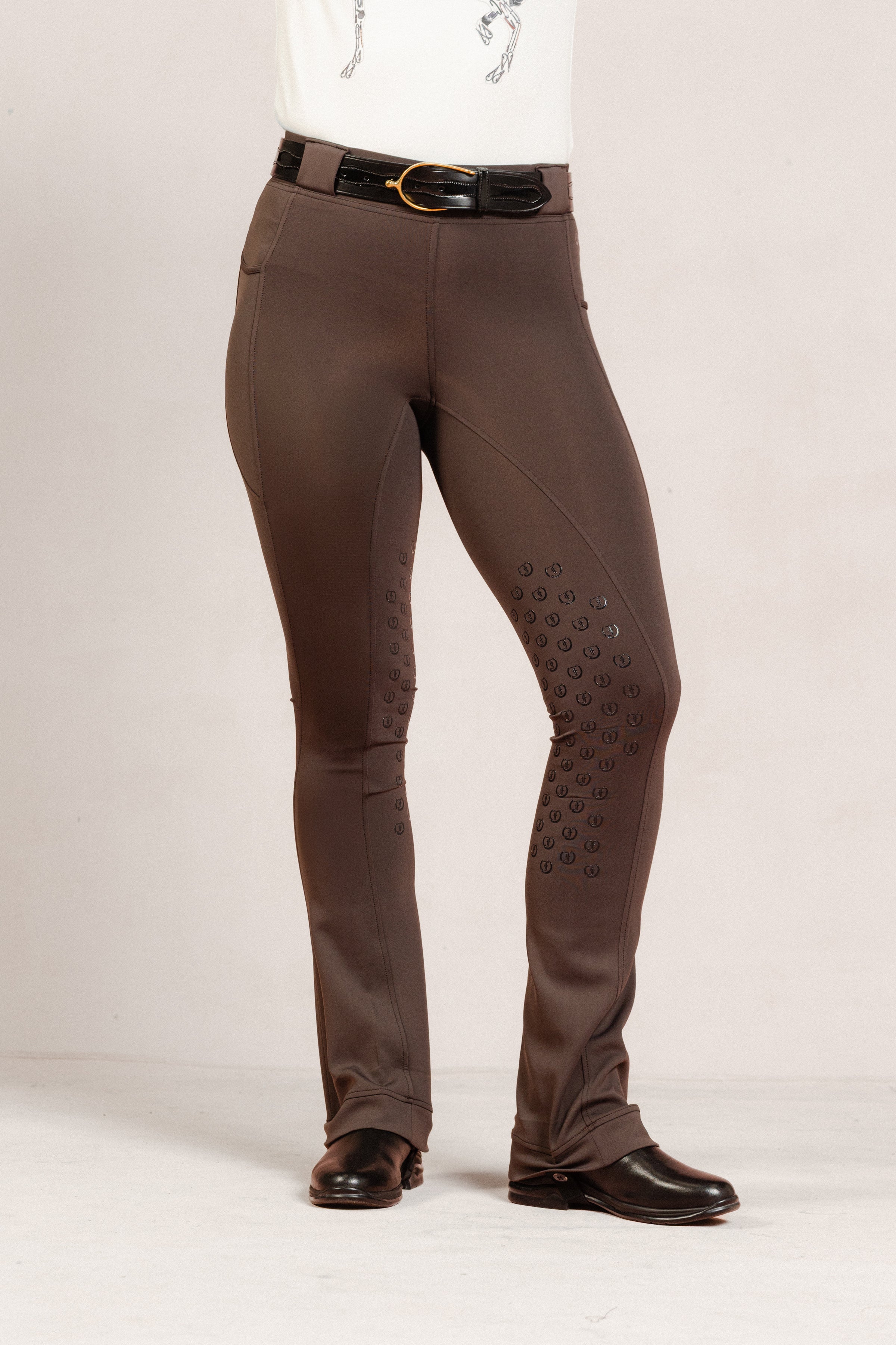 After Dark Brown Jods by Freedman’s Harness featuring a patterned “F” logo leg design on a white background.