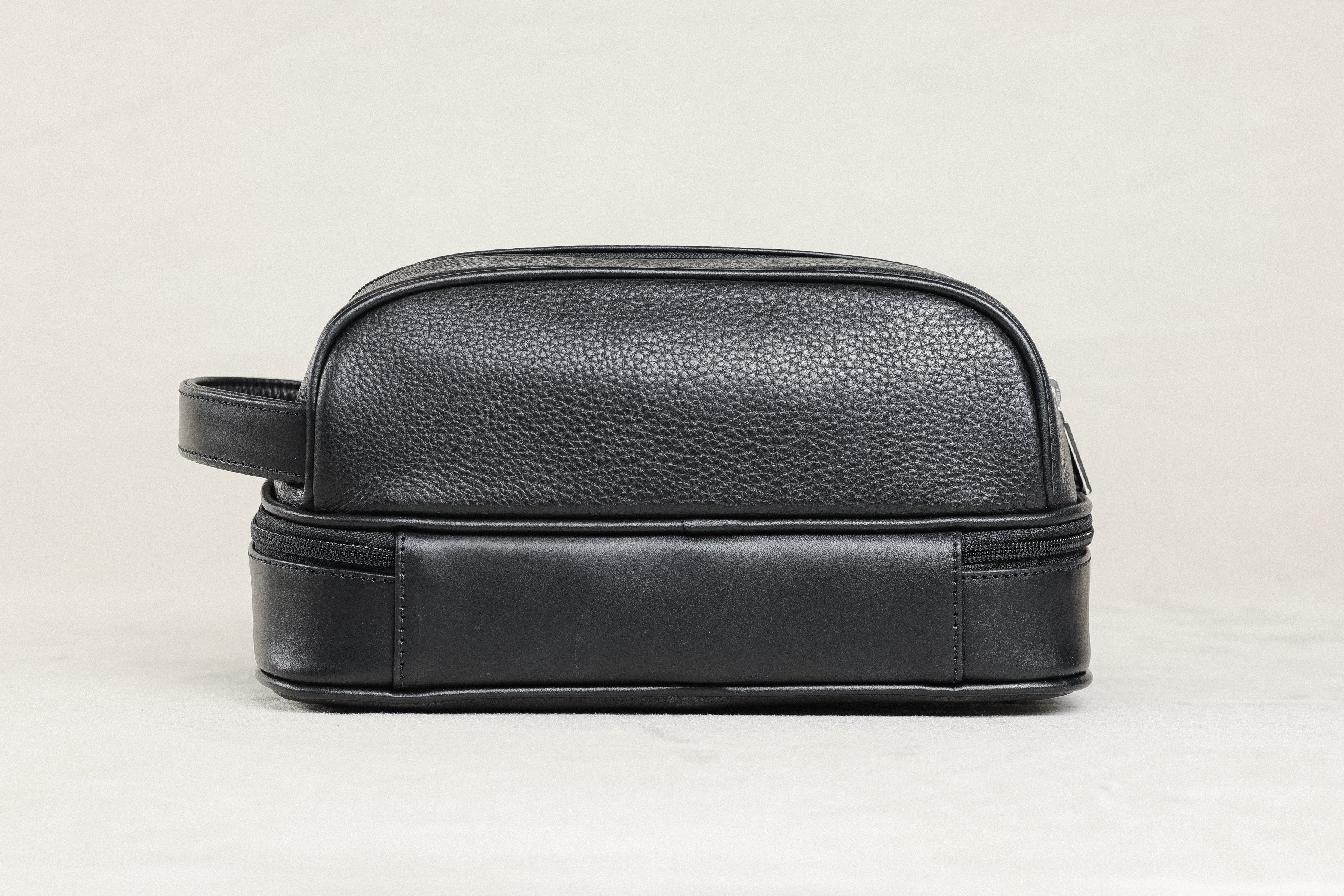 Black Shave Bag Bag with Dual Compartments, Freedman's Cardiff Featuring Textured Leather and Silver Hardware, Light Background