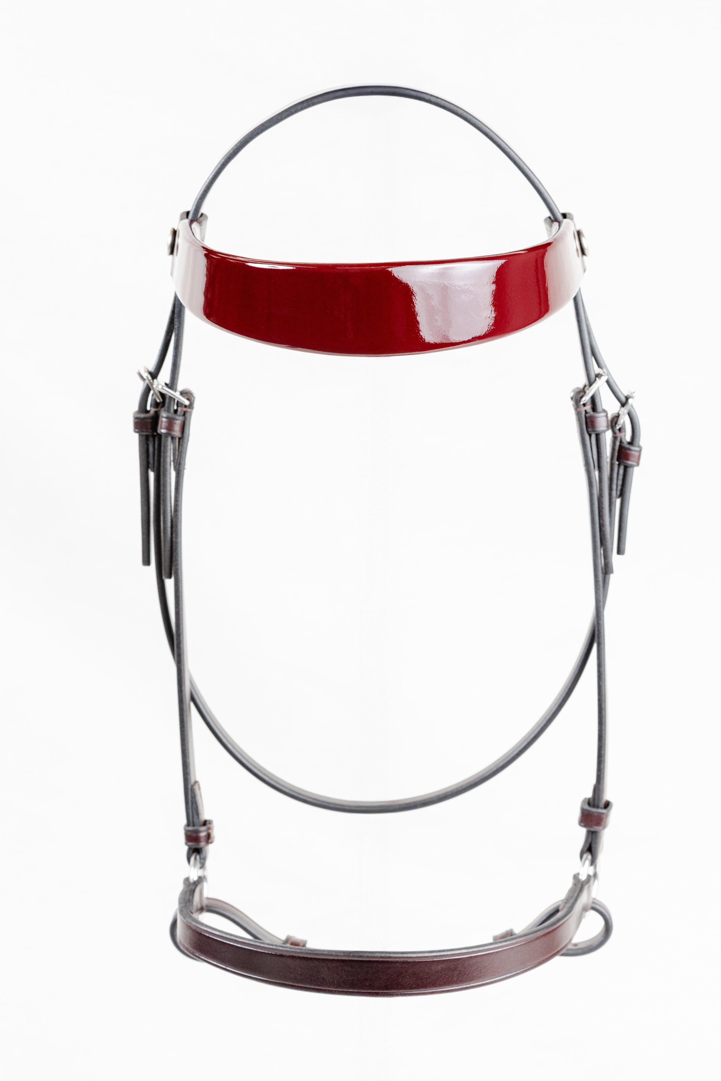 Freedman Harness Morgan Yearling Horse Show Halter in dark Havana leather, featuring a brilliant deep red patent leather browband and polished stainless steel hardware on a white background