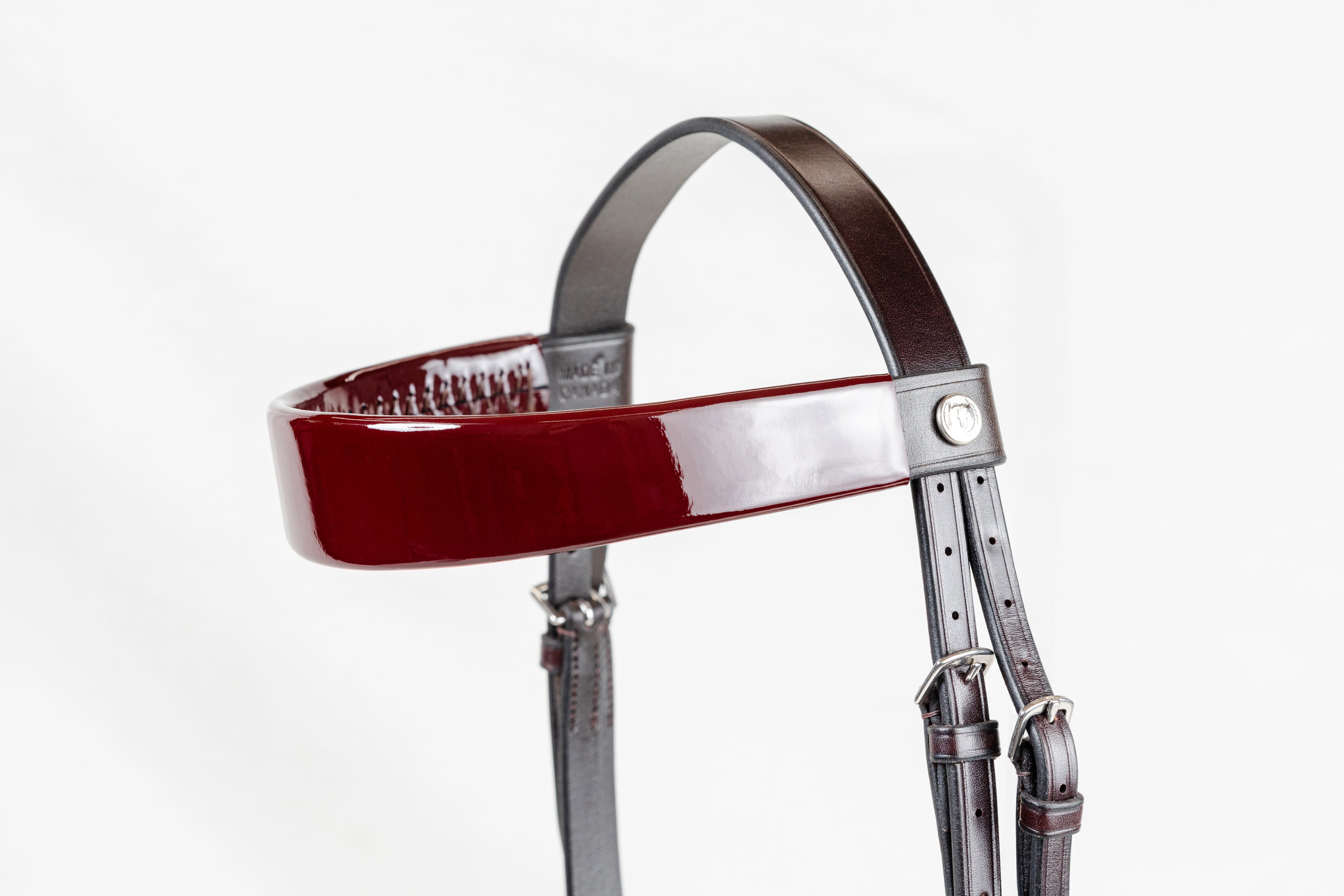 Morgan Yearling Horse Show Halter focusing on the bridle with red leather and metal hardware on a white background