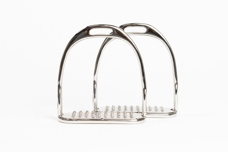 Pair of Freedman's Logo Hunter Stirrup Irons, featuring permanent pick stainless steel treads