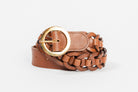 Brown leather Small Leather Ring Belt by Freedman's with braided detail and gold oval buckle, displayed on a light background.