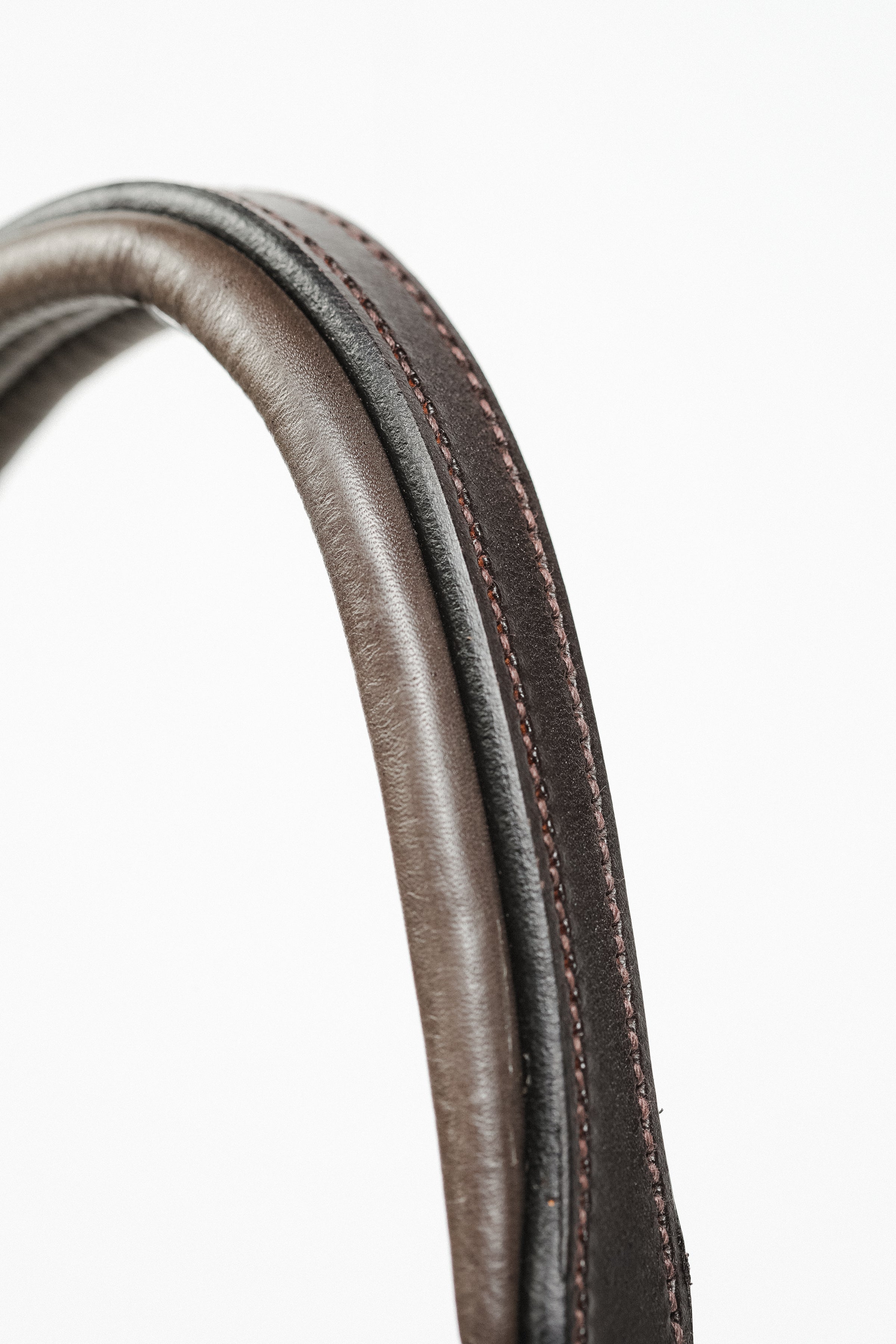 Image of Advantage Bridle Crown, Cob Size, Brown Leather Horse Tack, close up showcasing stich details.


