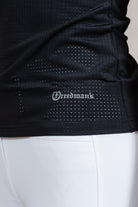 Black Laser Top with 'Freedman's' logo close up detail