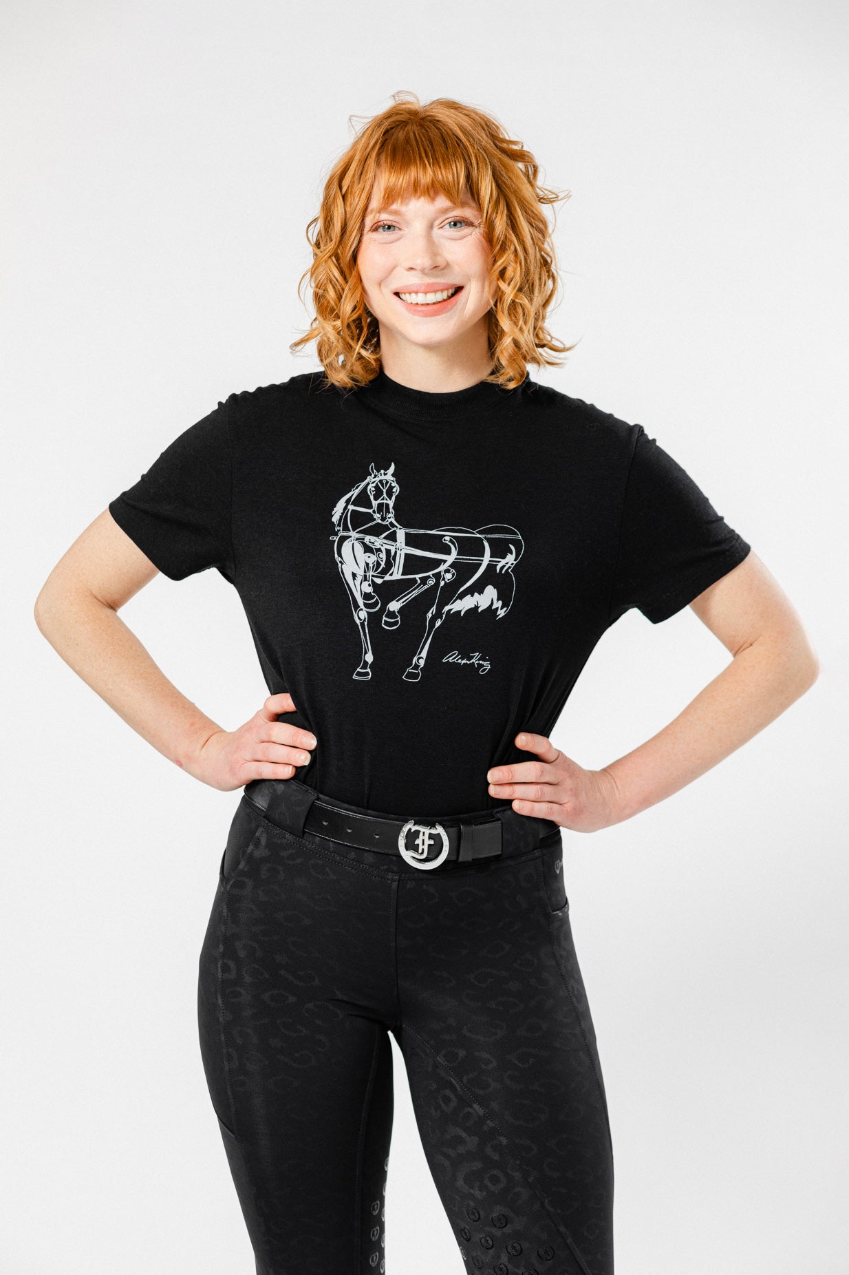 Alexa King tshirt with cheetah jods and Show Horses chrome logo black belt