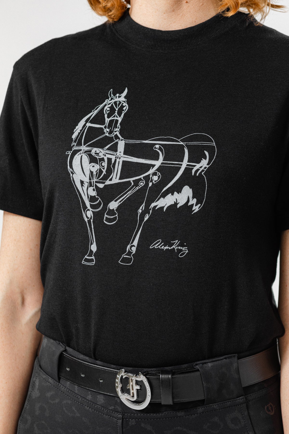 Alexa King tshirt with cheetah jods and Show Horses chrome logo black belt closer look