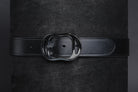 Center Bar Buckle Belt, black leather with dark silver buckle, modern design.