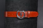 Freedman's Signature Logo Belt: brown Leather Belt with Silver Horseshoe Buckle and Embossed Brand Logo