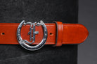 Freedman's Signature Logo Belt: brown Leather Belt with Silver Horseshoe Buckle and Embossed Brand Logo