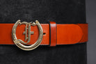 Freedman's Signature Logo Belt: brown Leather Belt with Brass Horseshoe Buckle and Embossed Brand Logo