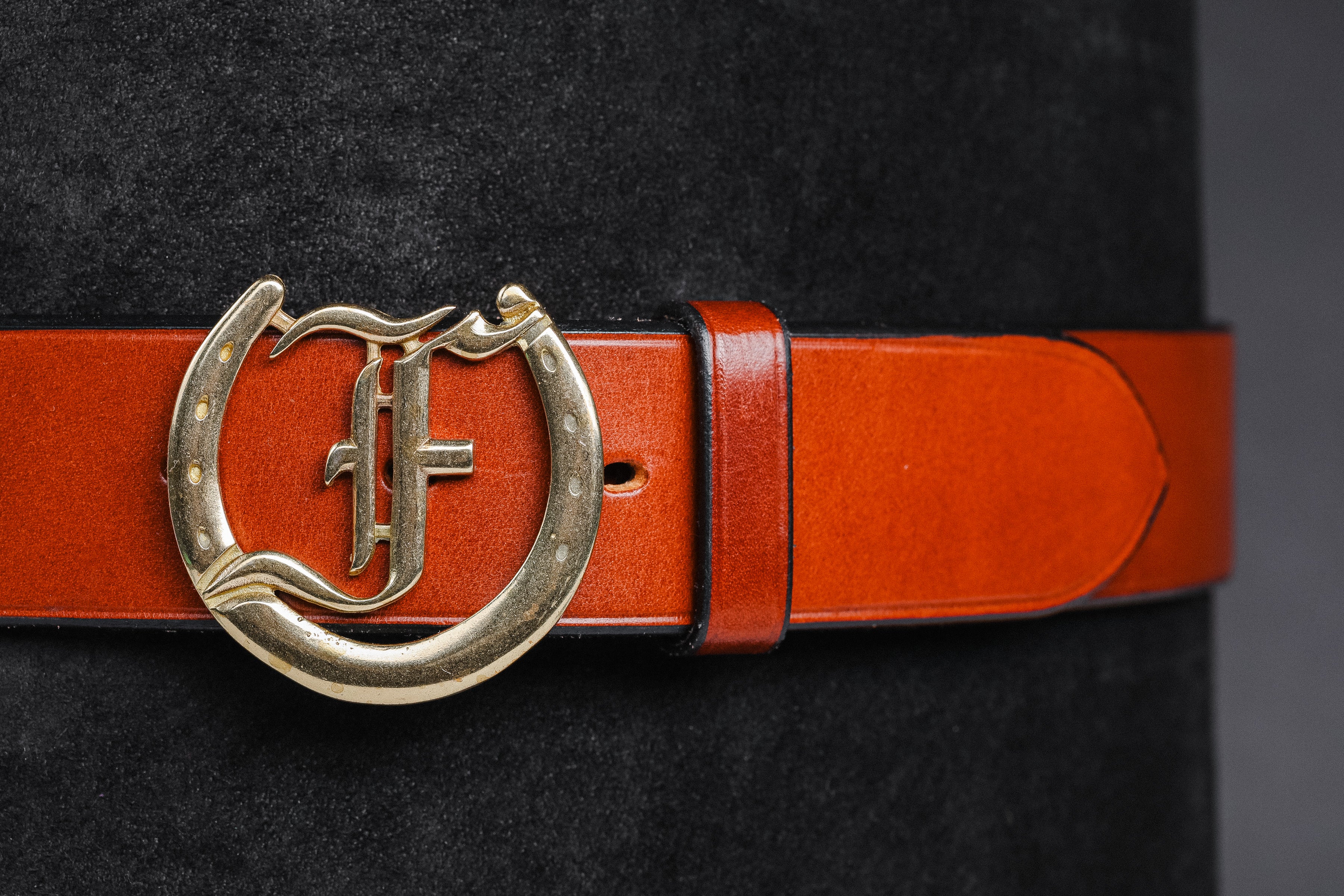 Freedman's Signature Logo Belt: brown Leather Belt with Brass Horseshoe Buckle and Embossed Brand Logo