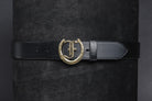 Freedman's Signature Logo Belt: Black Leather Belt with Silver Horseshoe Buckle and Embossed Brand Logo