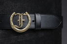 Freedman's Signature Logo Belt: Black Leather Belt with Brass Horseshoe Buckle and Embossed Brand Logo
