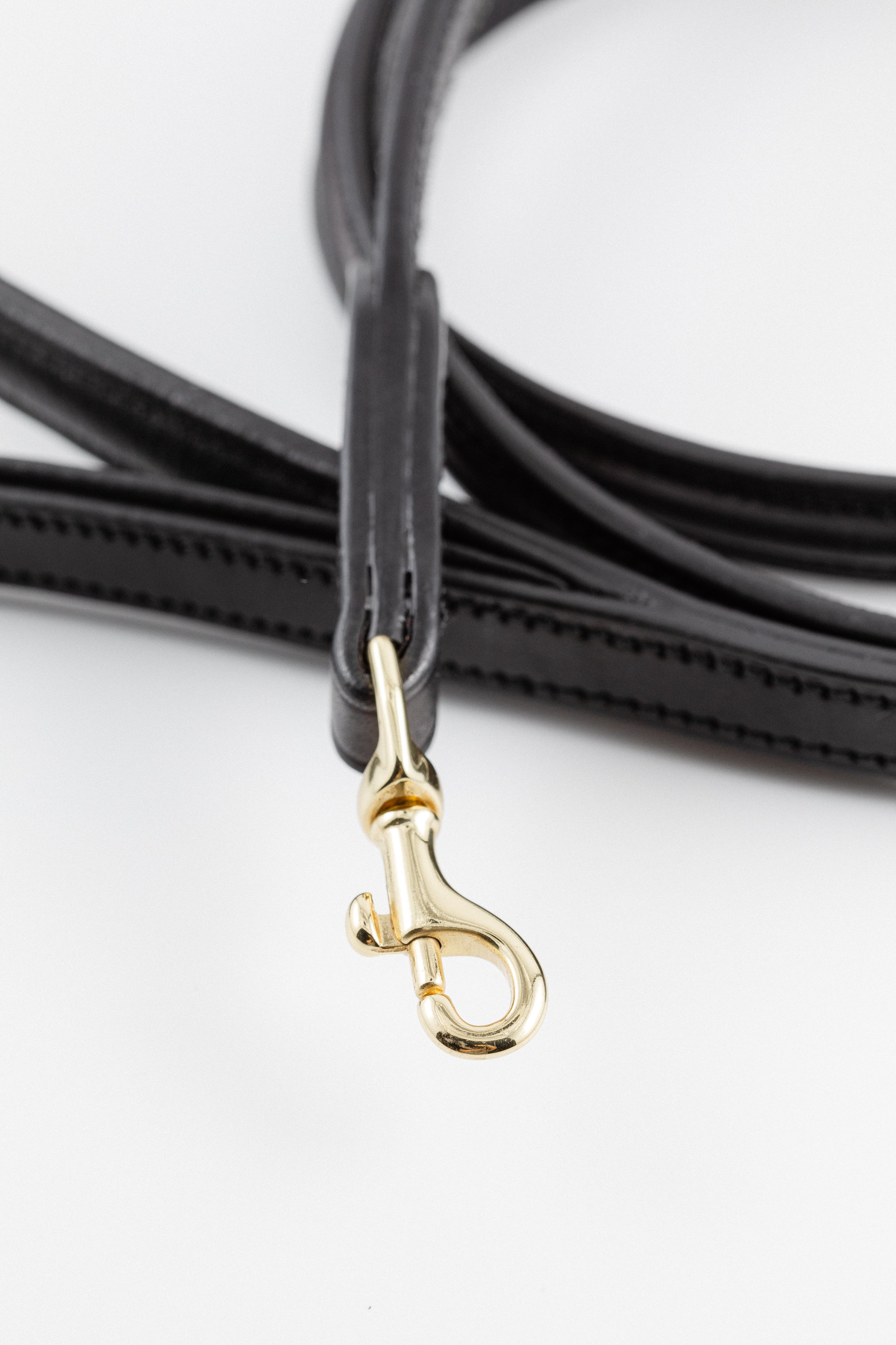 Close-up of black leather Raised Dog Leash showing gold clasp and detailed stitching.
