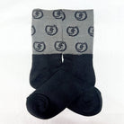 two-tone gray and black socks with repeating Freedman's logo, laid flat with visible details and pattern.
