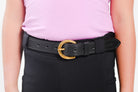 Close up view of the Kid's Horseshoe Buckle Belt showcasing the solid brass horse shoe buckle