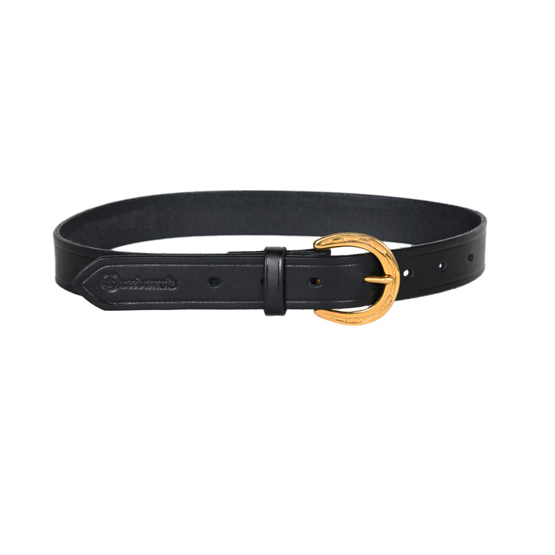 Kid's Horseshoe Buckle Belt: Black Leather Belt with Gold Horseshoe Buckle and Freedman’s Brand Inscription