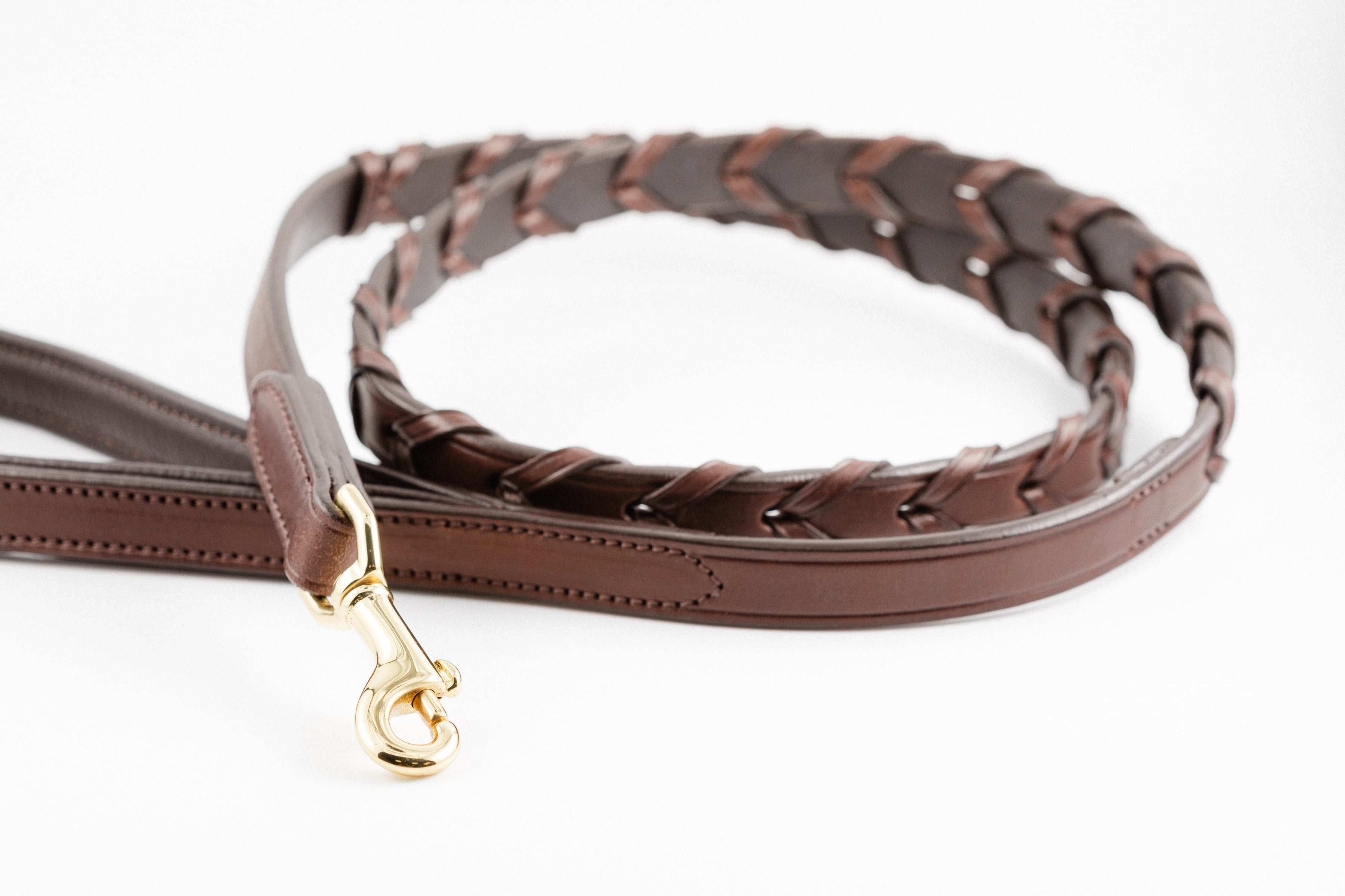 Laced Dog Leash: Brown Leather Leash with Braided Lacing, Gold Snap Hook, and Stitching Detail