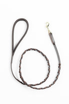 Laced Dog Leash: Brown Leather Leash with Braided Section, Loop Handle, and Gold Snap Hook
