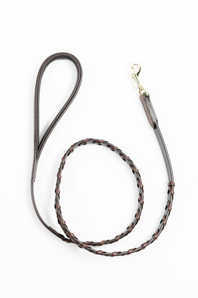 Laced Dog Leash: Brown Leather Leash with Braided Section, Loop Handle, and Gold Snap Hook