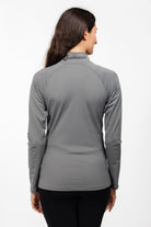 Back View of Model Wearing Gray Freedman's Ladies Arum Jacket and Freedman's Print Collar, showcasing athletic fit