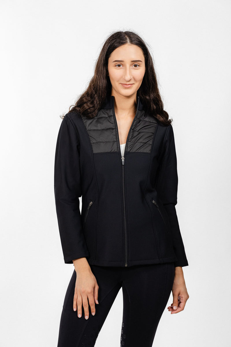 Front View of Ladies Soft Shell Quilted Jacket: Showing Black Fabric, Quilted Panels on Chest and Shoulders, Full Zipper, and Zippered Pockets