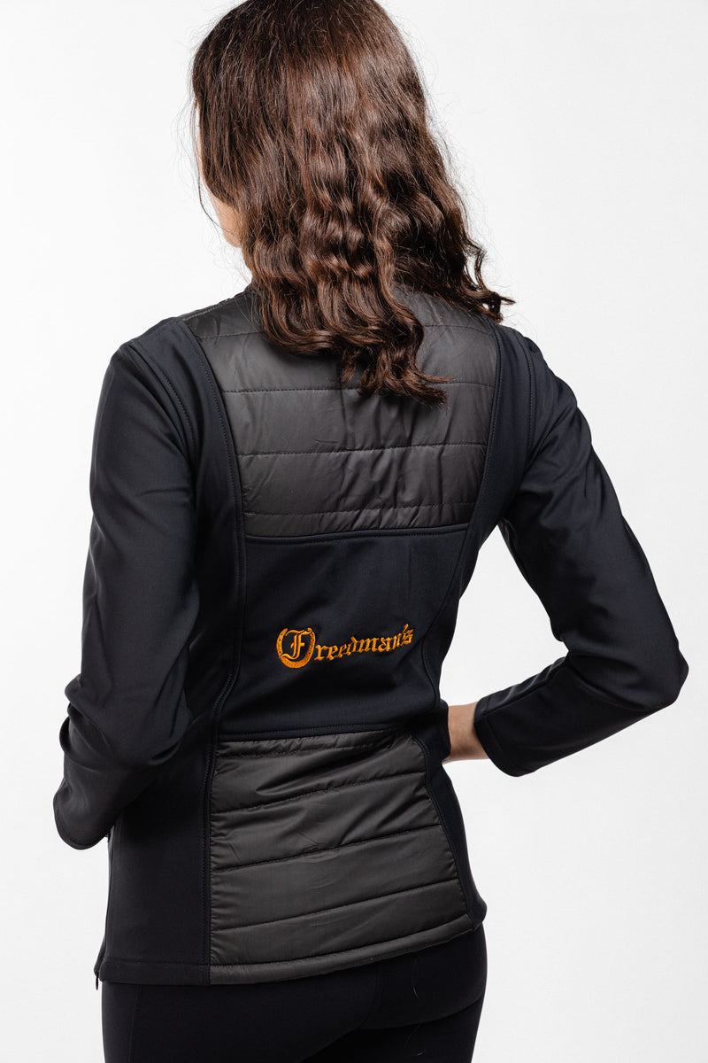 Back View of Freedman's Ladies Soft Shell Quilted Jacket: Showing Quilted Panels, Design and the Embroidered Freedman’s lettering back center.