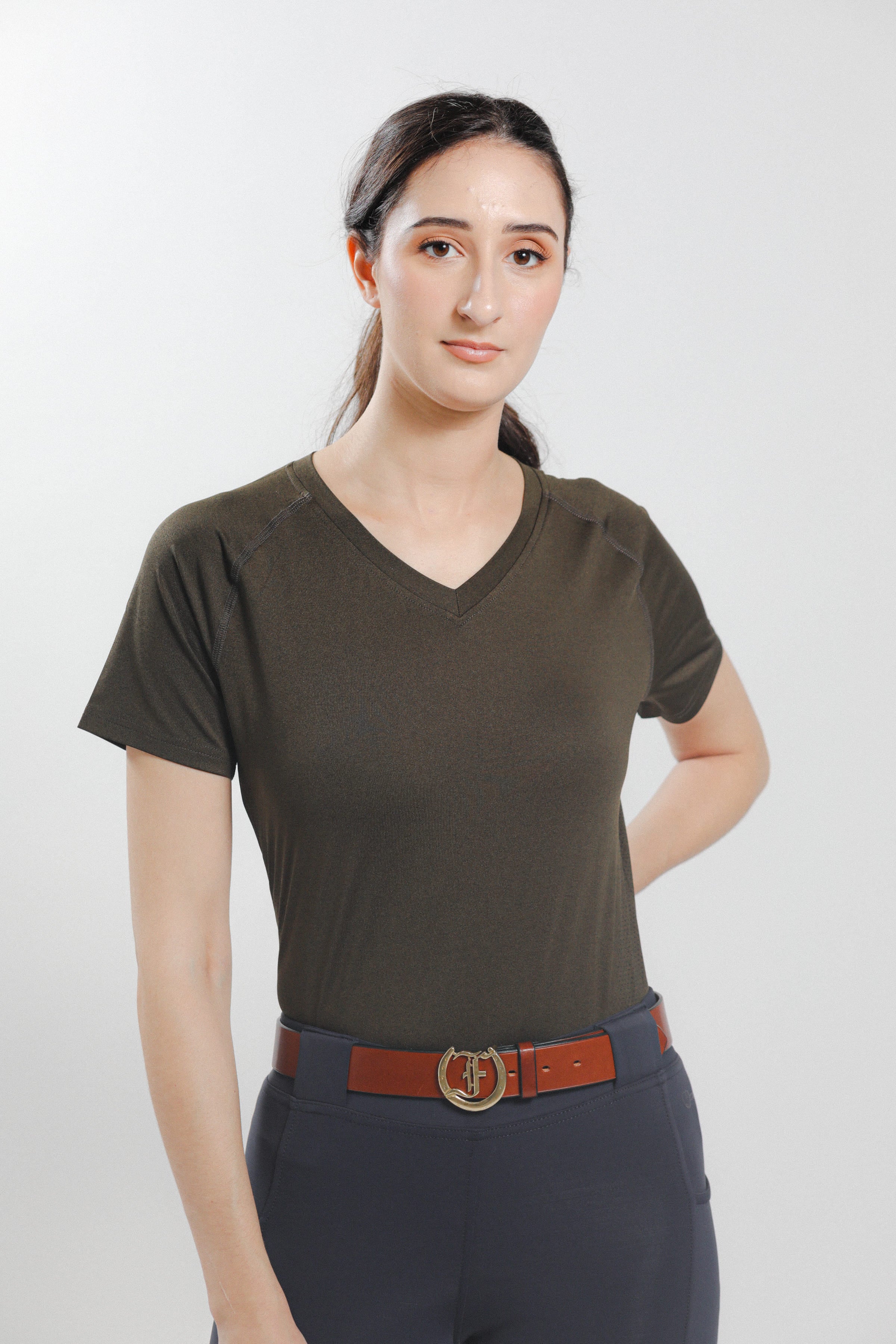 Olive Ladies' Tous les Jours Essential V Neck Tee Shirt.