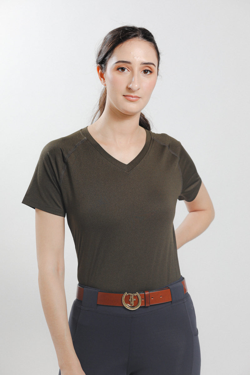 Olive Ladies' Tous les Jours Essential V Neck Tee Shirt.