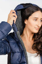 Navy Ladies Winter Bomber Jacket by Freedman's, showing sherpa lining in hood.