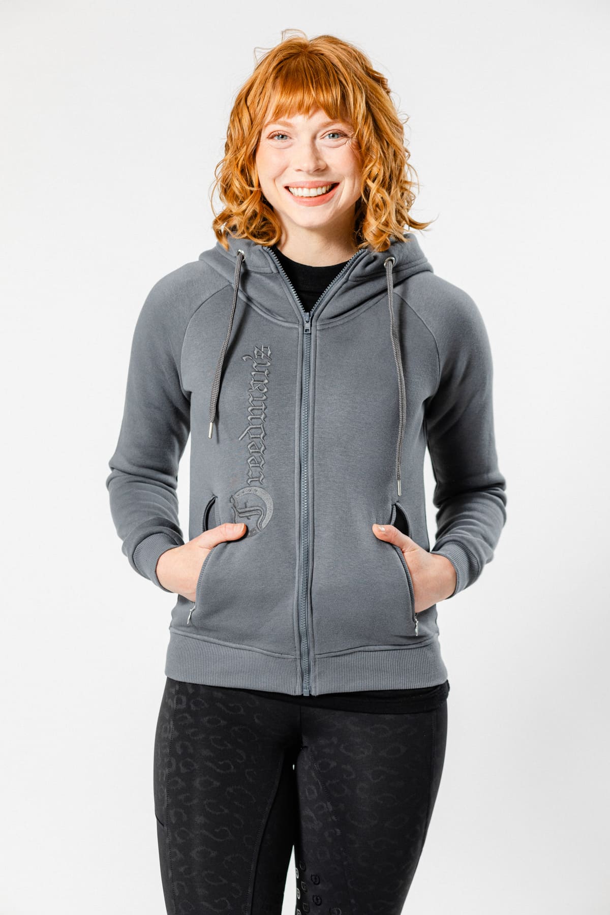 Ash grey Ladies' Logo Hoodie by Freedman's, with embroidered "Freedman's" logo down the front, full zip, and kangaroo pockets.