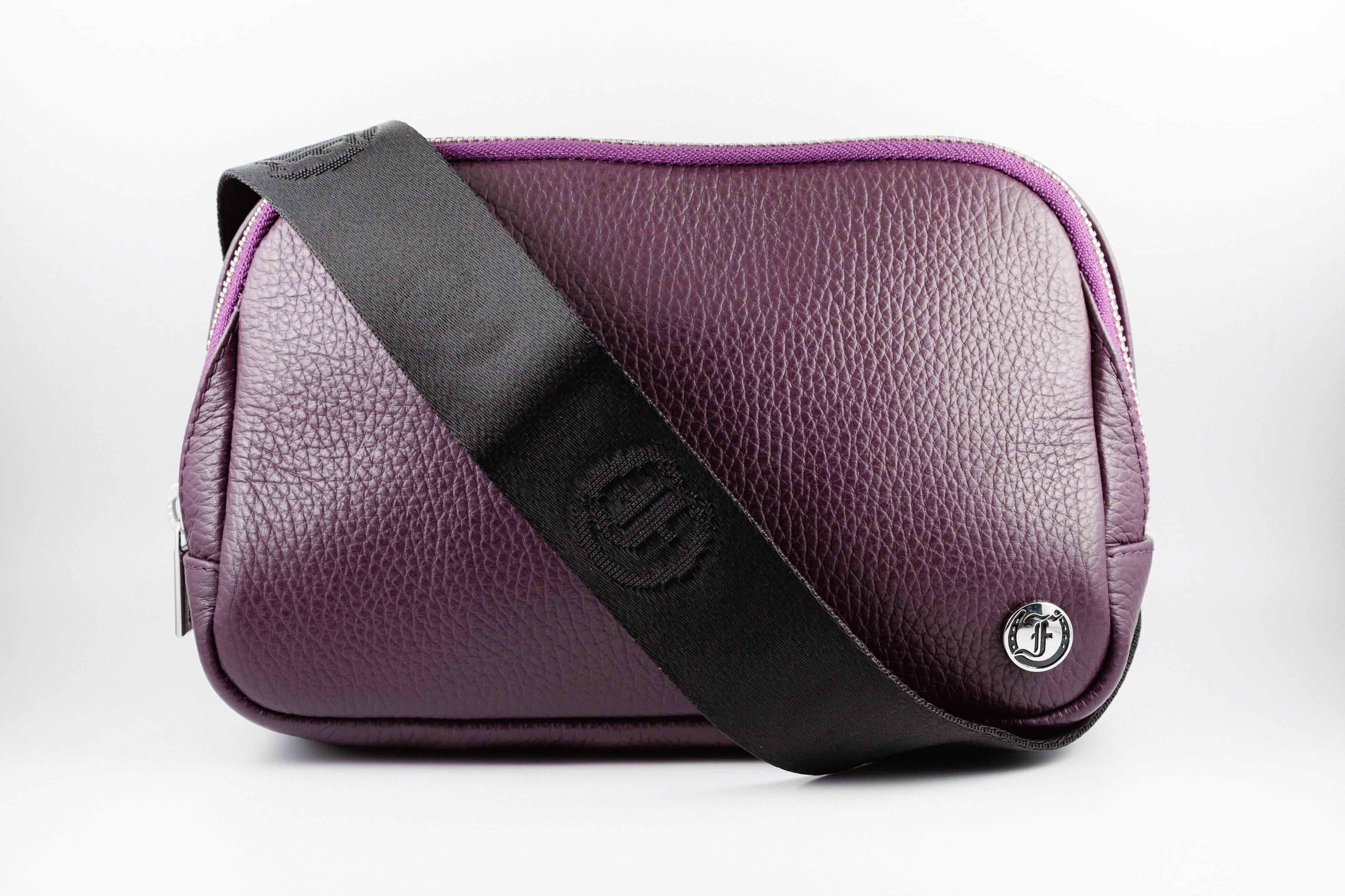 Freedman's Norfolk Crossbody Bag in Purple Leather with adjustable fabric strap and silver hardware.