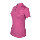Freedman's Tess Ladies' 1/4 Zip Short Sleeve Top, bright pink, angled view, form-fitting, short sleeves, 1/4 zip with black zipper, white background.