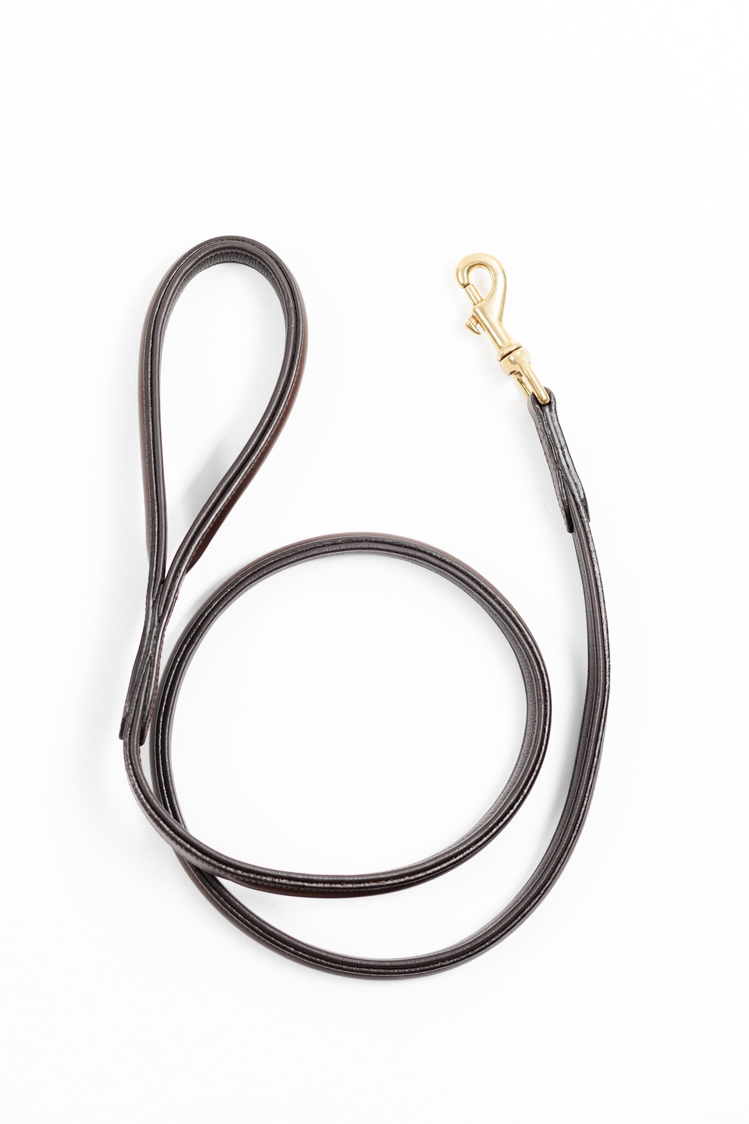 Brown leather dog leash with a gold clasp.

