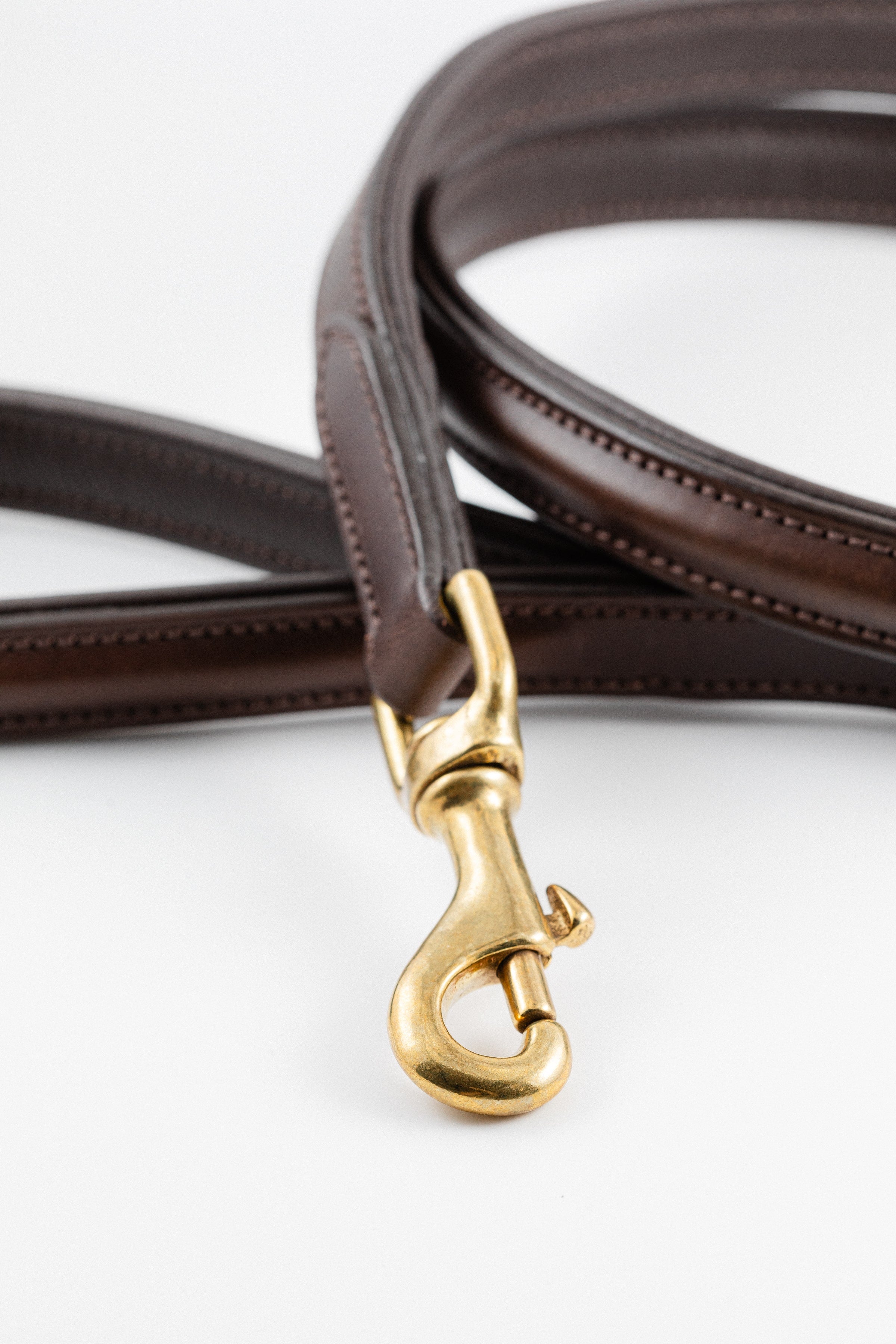 Close-up of brown leather Raised Dog Leash showing gold clasp and detailed stitching.


