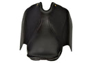  Overhead view of a black leather Victory Pass HP Cutback Saddle, highlighting its distinctive cutback design for enhanced shoulder freedom and rider comfort, set against a clean white background