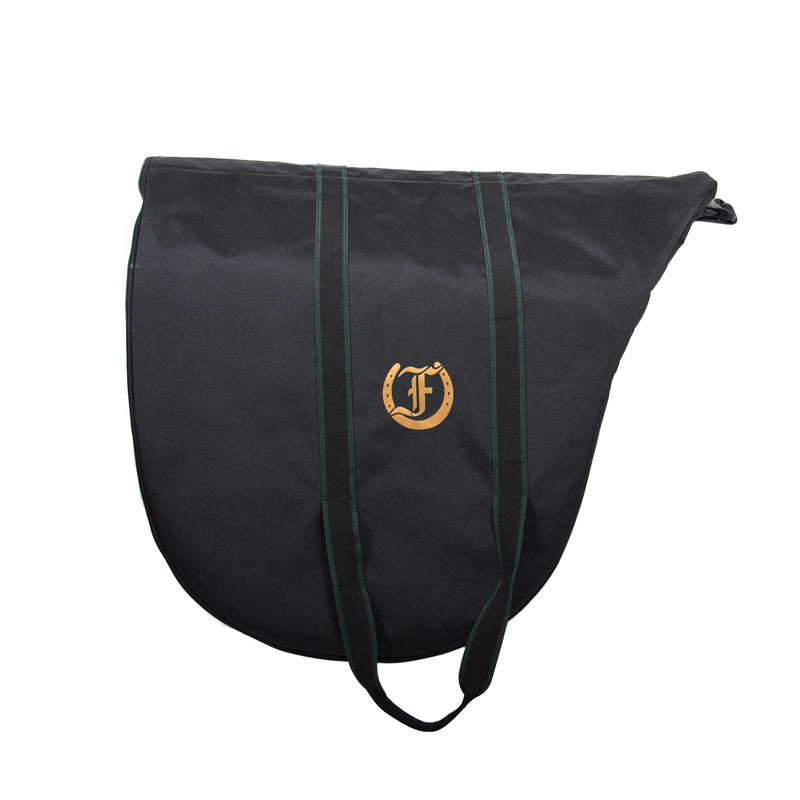 Freedman's Saddle Carrier Bag: Black Fabric Bag with Gold Embroidered Brand Logo and Carrying Straps