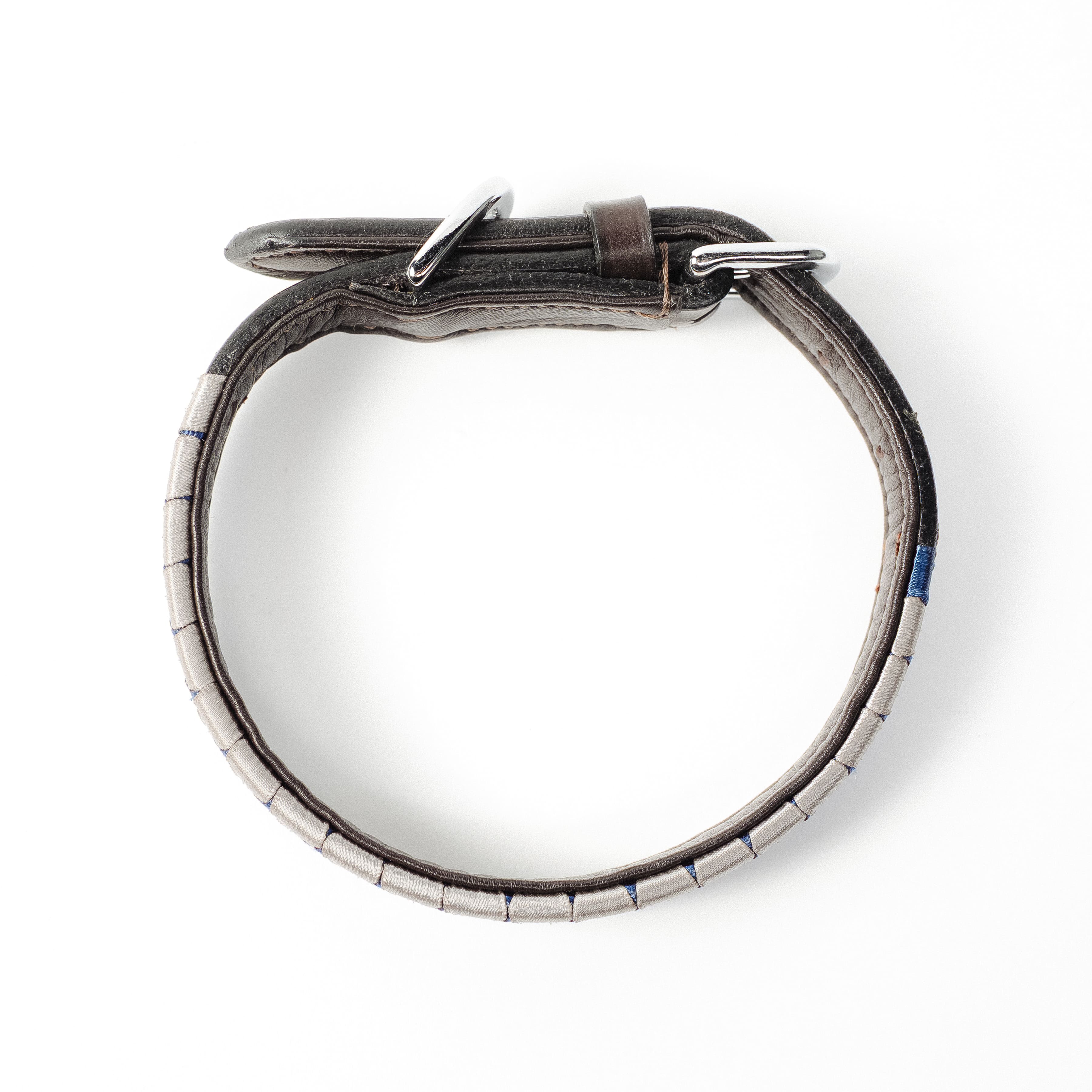 Satin Navy and Grey Weaved Dog Collar with leather and silver hardware, shown from above on a white background.