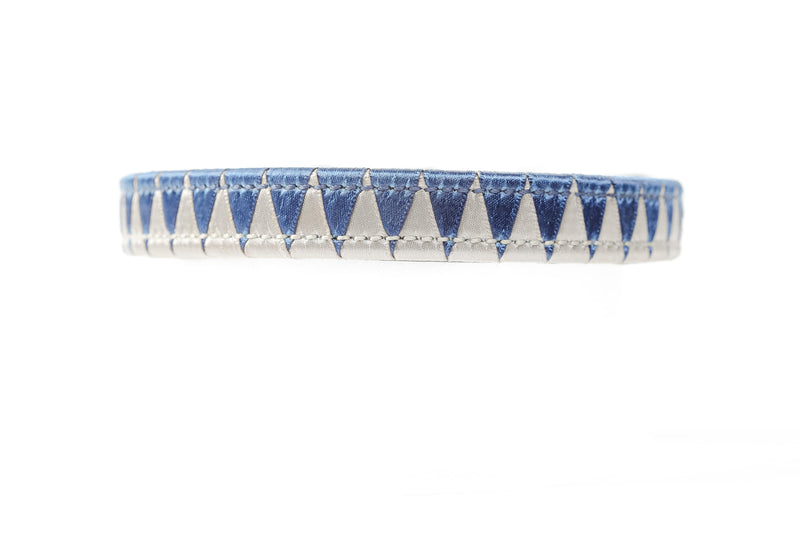 Close-up of Satin Navy and Grey Weaved Dog Collar, showing detailed triangular pattern, on a white background.