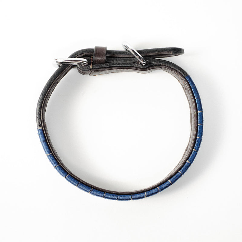 Satin Navy and Grey Weaved Dog Collar with leather and silver hardware, shown from above on a white background.