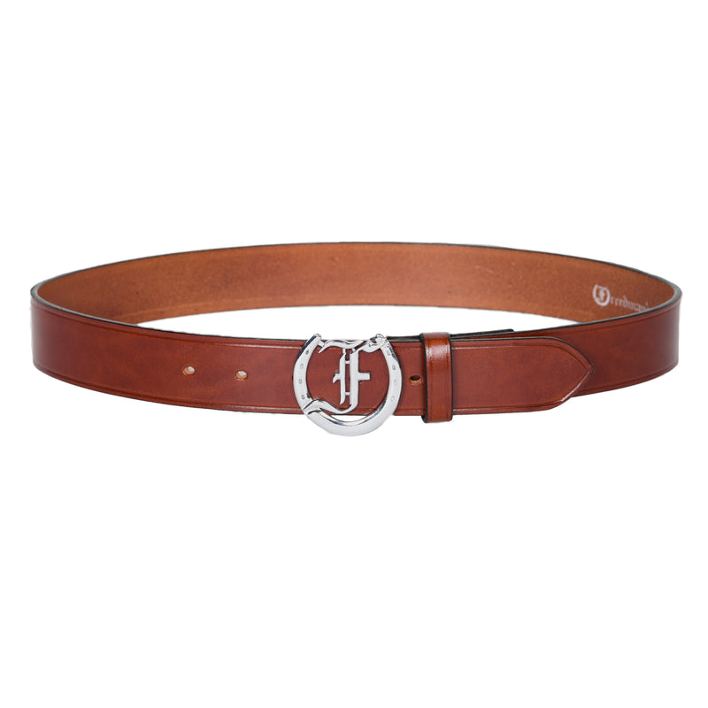 Freedman's Signature Logo Belt: brown Leather Belt with Silver Horseshoe Buckle and Embossed Brand Logo