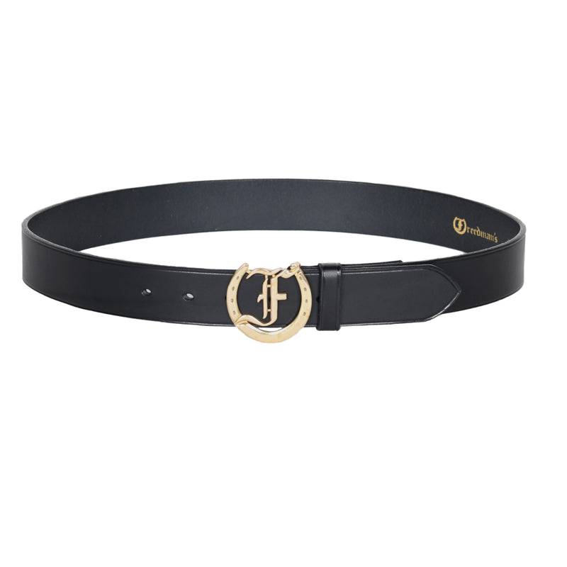 Freedman's Signature Logo Belt: Black Leather Belt with Silver Horseshoe Buckle and Embossed Brand Logo