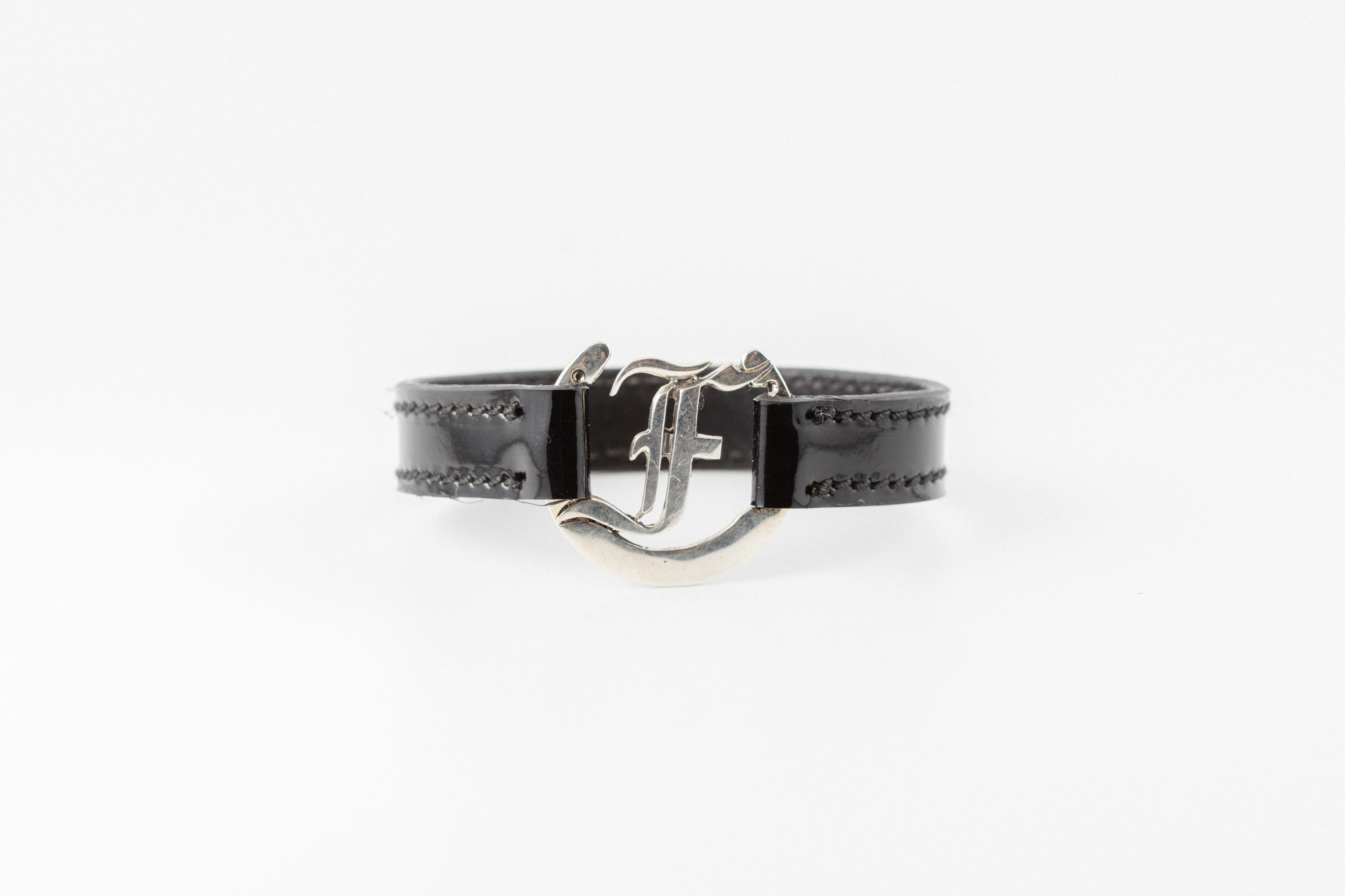 Sterling Silver F Logo and Black Patent Bracelet