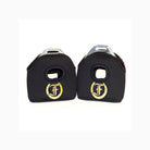 Pair of black Logo Protective Stirrup Covers with gold Freedman's logos.
