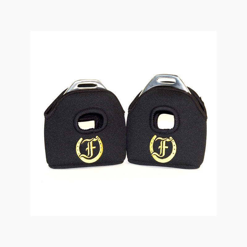 Pair of black Logo Protective Stirrup Covers with gold Freedman's logos.