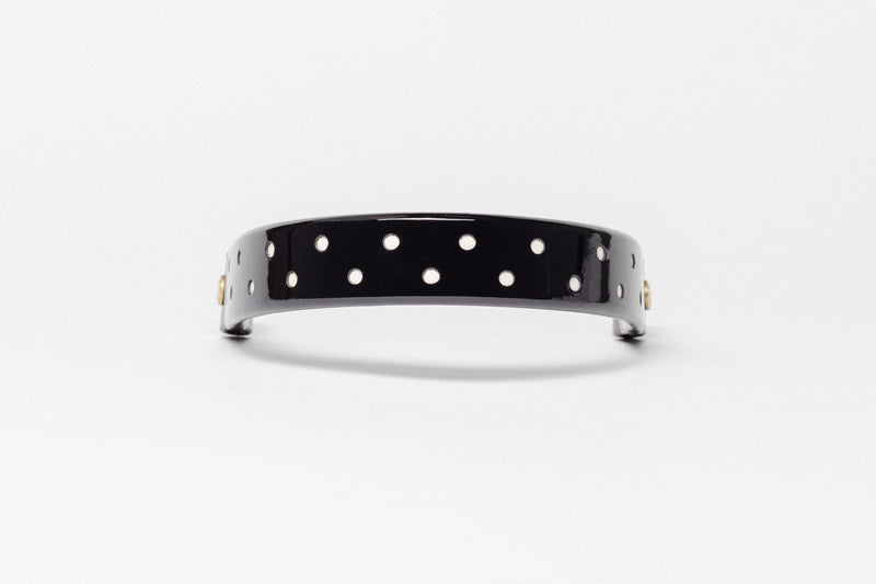 Wide Tapered turned edge browband, black patent, small white dots, brown ends.