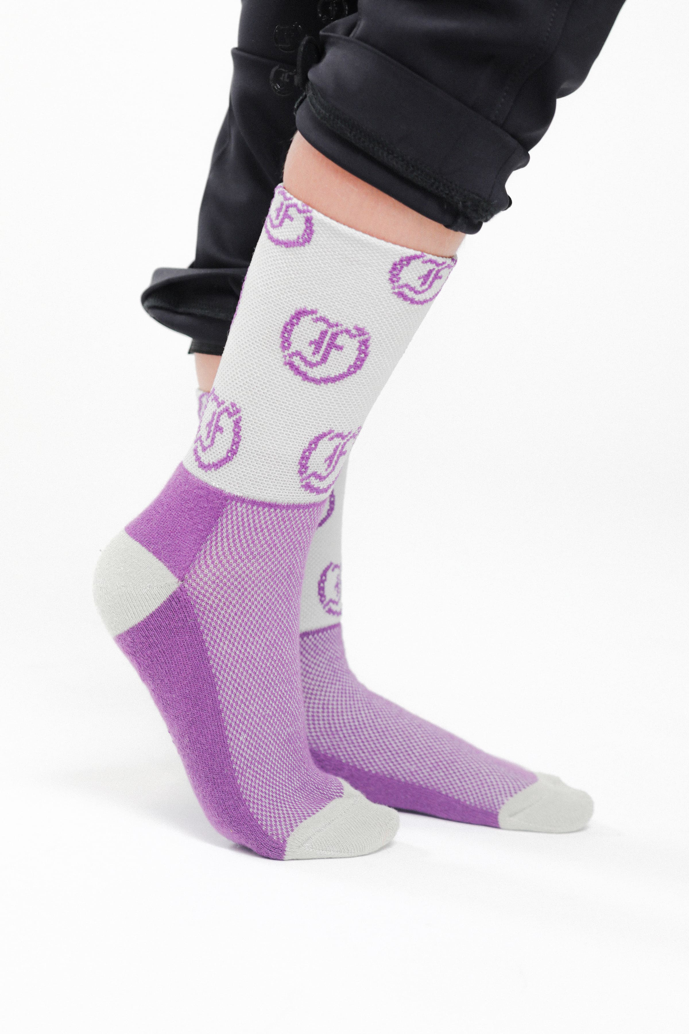 Tous les Jours Kids' Jodhpur Socks, Two-Tone Purple and Grey with Repeating Purple Freedman's Logo, Worn on Feet